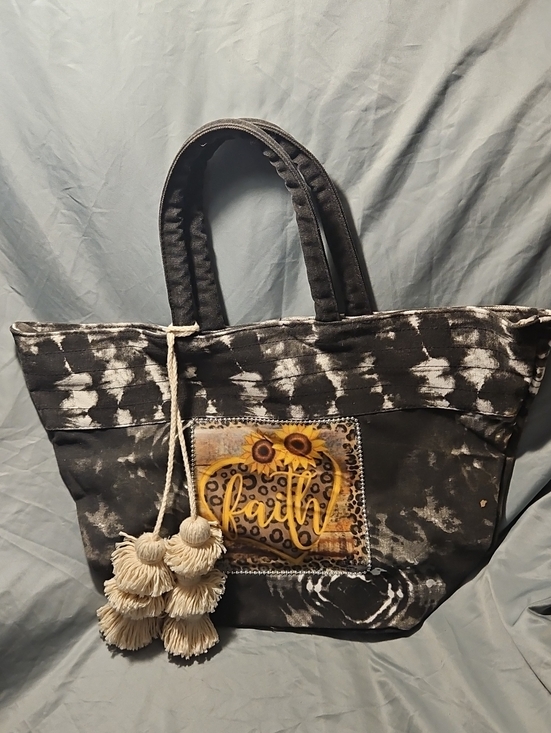 Hand Crafted Handbags - Hand Crafted Black Tie-Dye Tote with Sunflower 'Faith' Patch